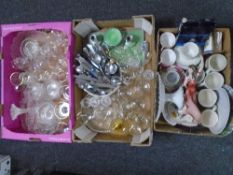 Three boxes of glass, cutlery, dressing table set,