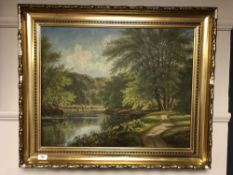 Continental school : Track between a river and a forest, oil-on-canvas, in gilt frame,