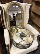 An arch top hall mirror in gilt frame together with a decorative Art Deco metal and glass hanging