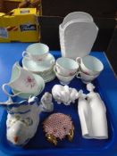 A tray of ceramics including a crab ornament, Royal Albert china, Royal Doulton figure,