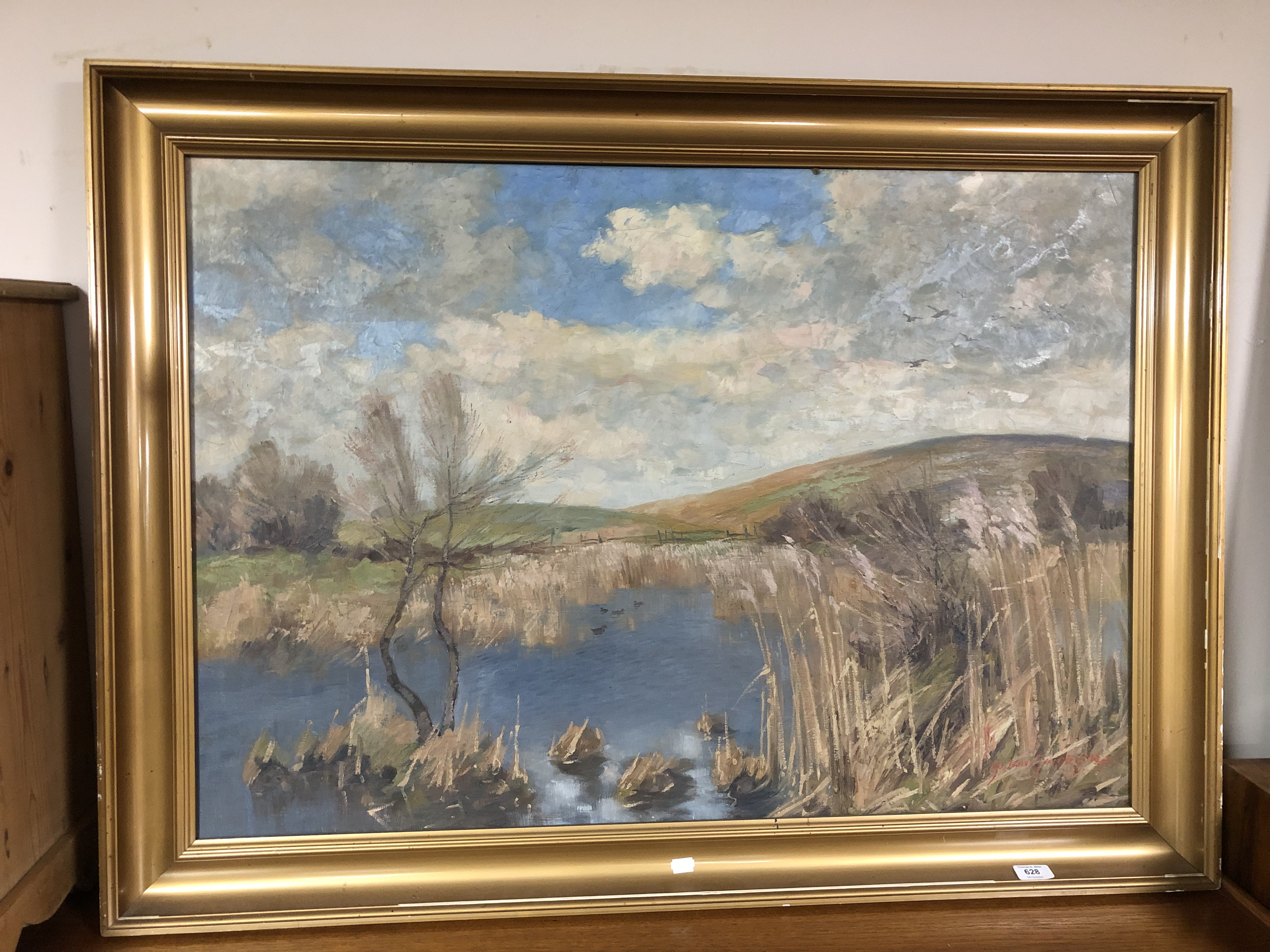 Continental school : Ducks on a pond, oil-on-canvas, in gilt frame.