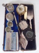 A cased set of fish servers, military pocket compass, bread fork,