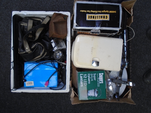 Two boxes containing electricals including keyboard, scales etc.