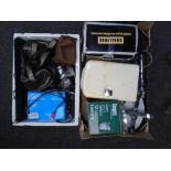 Two boxes containing electricals including keyboard, scales etc.