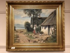 Niels Walsath : Rural cottage by a lake, oil-on-canvas, in gilt frame, 38cm by 48cm.
