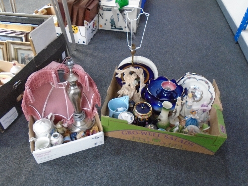 Two boxes of china figures, plates, ornaments,