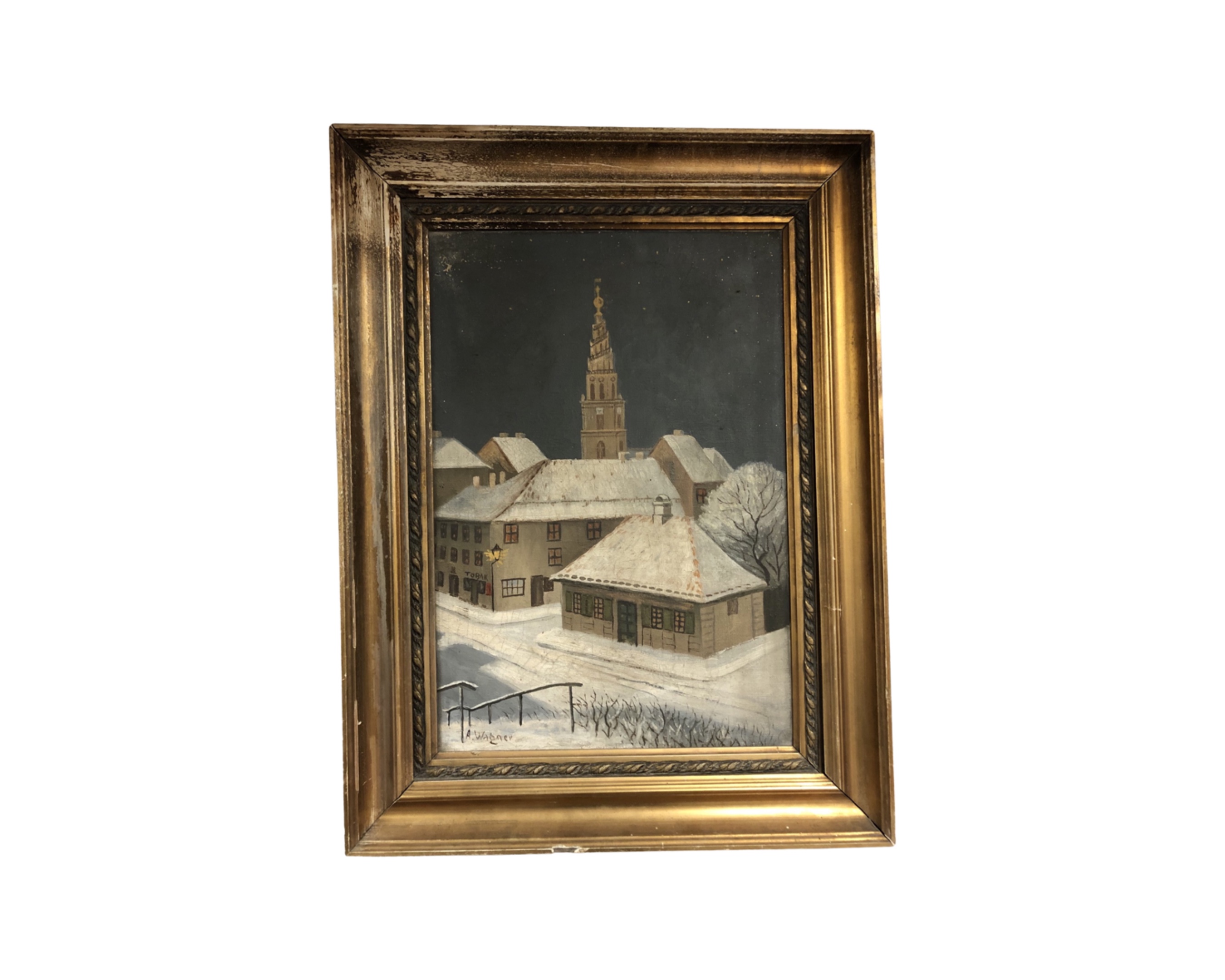 A. Wagner : Snowy street, oil-on-canvas, in gilt frame, 47cm by 32cm.