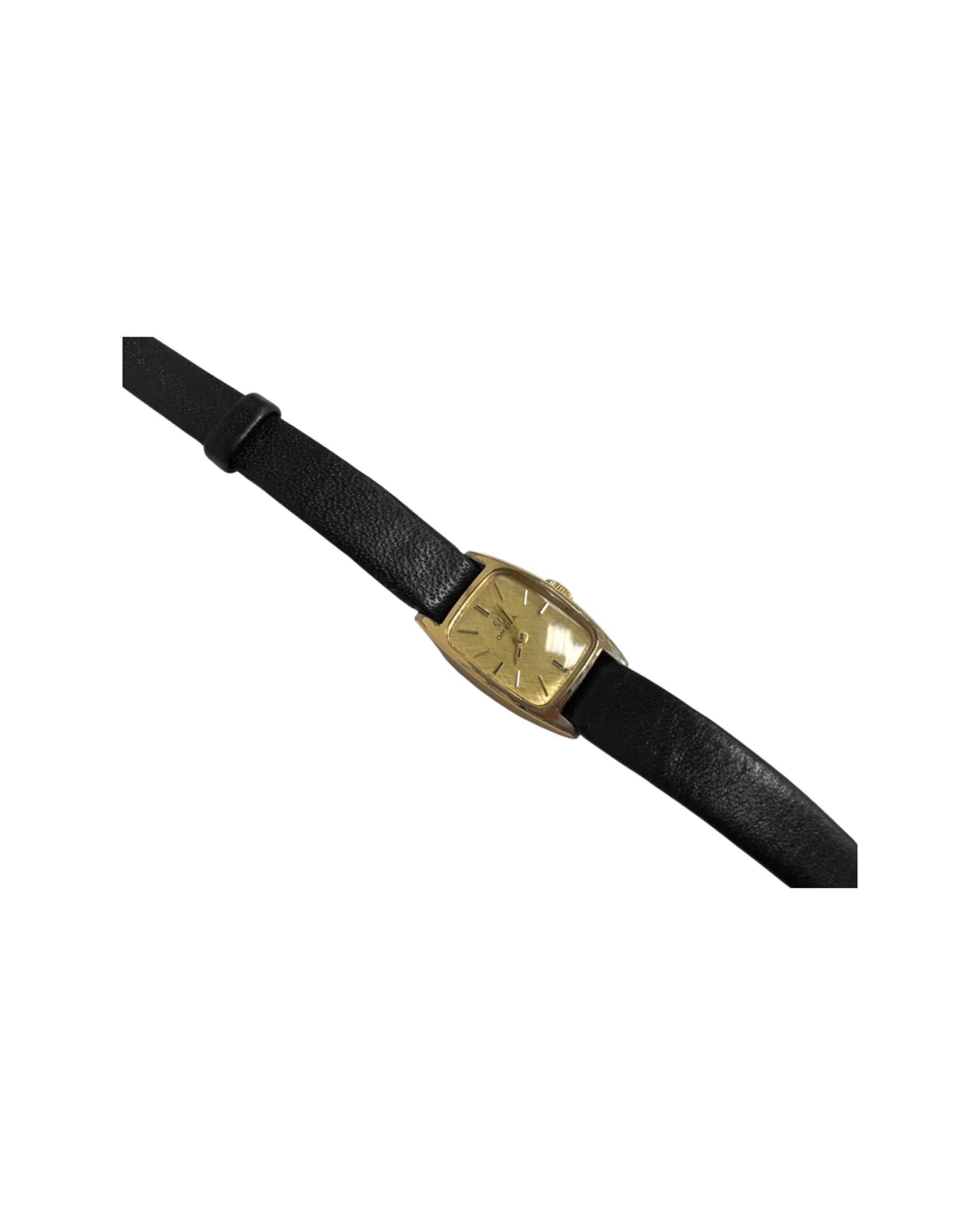 A Lady's gold plated Omega wristwatch on black leather strap, dial width 16 mm. - Image 2 of 2