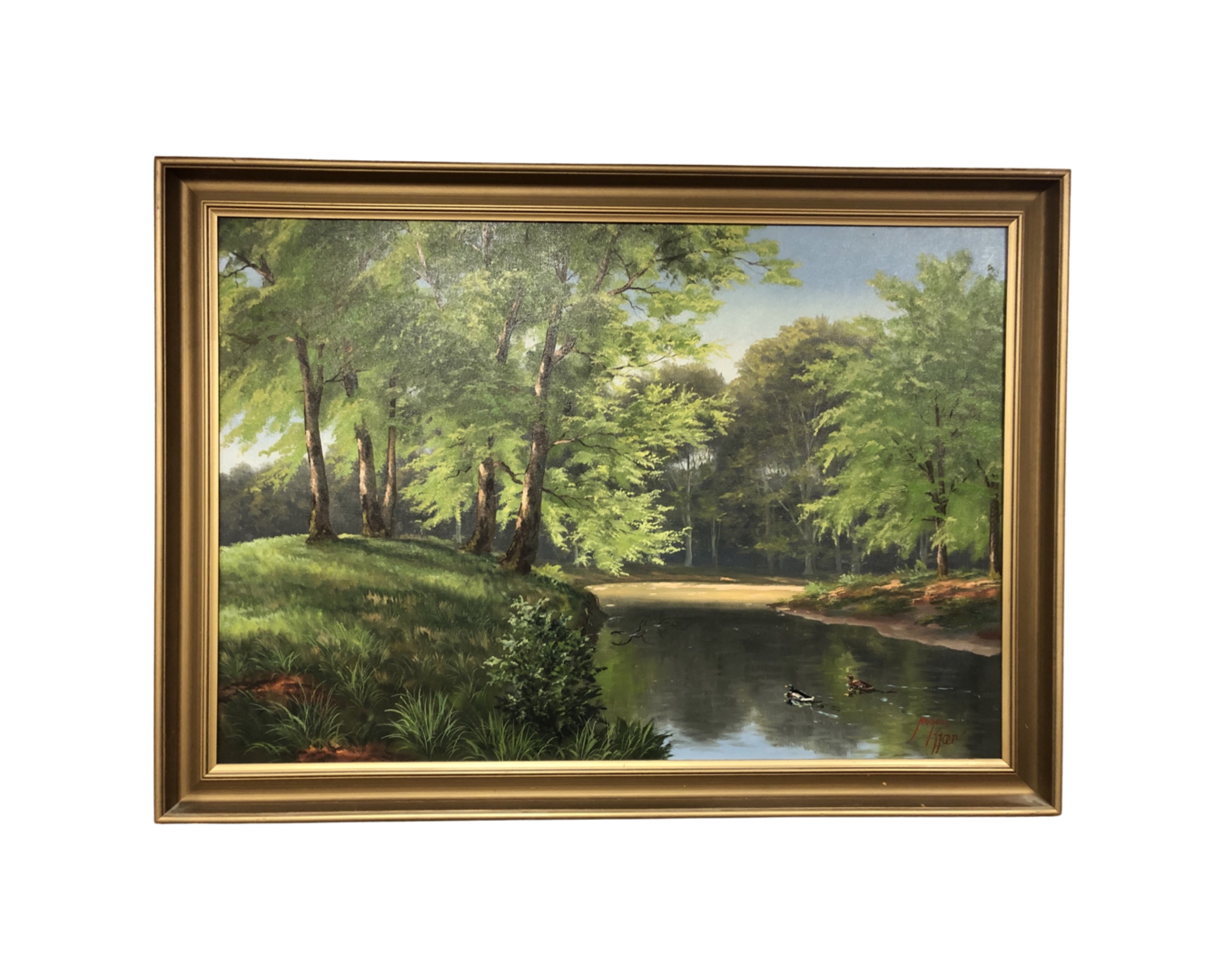 Mogens Kier : Ducks in a river, oil-on-canvas, in gilt frame, 63cm by 96cm.