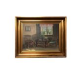 Continental school : Still life of a sitting room, oil-on-canvas, in gilt frame,