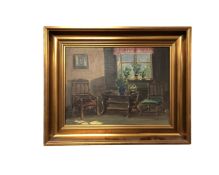 Continental school : Still life of a sitting room, oil-on-canvas, in gilt frame,