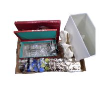 A box of mirrored table lamp with shade, jewellery box, dressing table bottles,