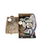 Two boxes of glass ware, blue and white ceramics, meat plates, ironstone jug,