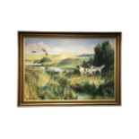 Continental school : Two hunting dogs chasing ducks, oil-on-canvas, in gilt frame,