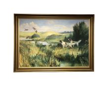 Continental school : Two hunting dogs chasing ducks, oil-on-canvas, in gilt frame,