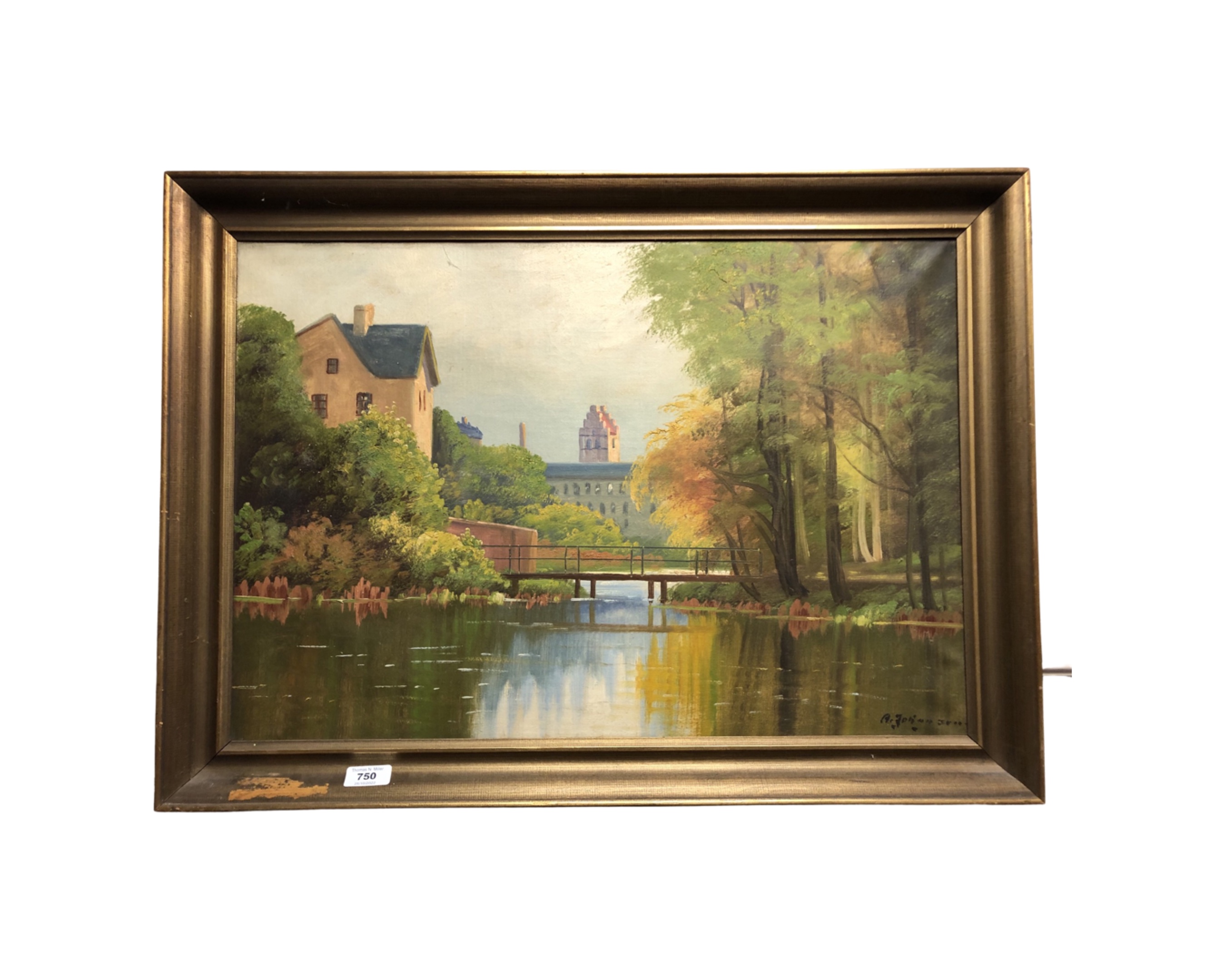 Continental school : River passing under a wooden bridge, oil-on-canvas, in gilt frame,