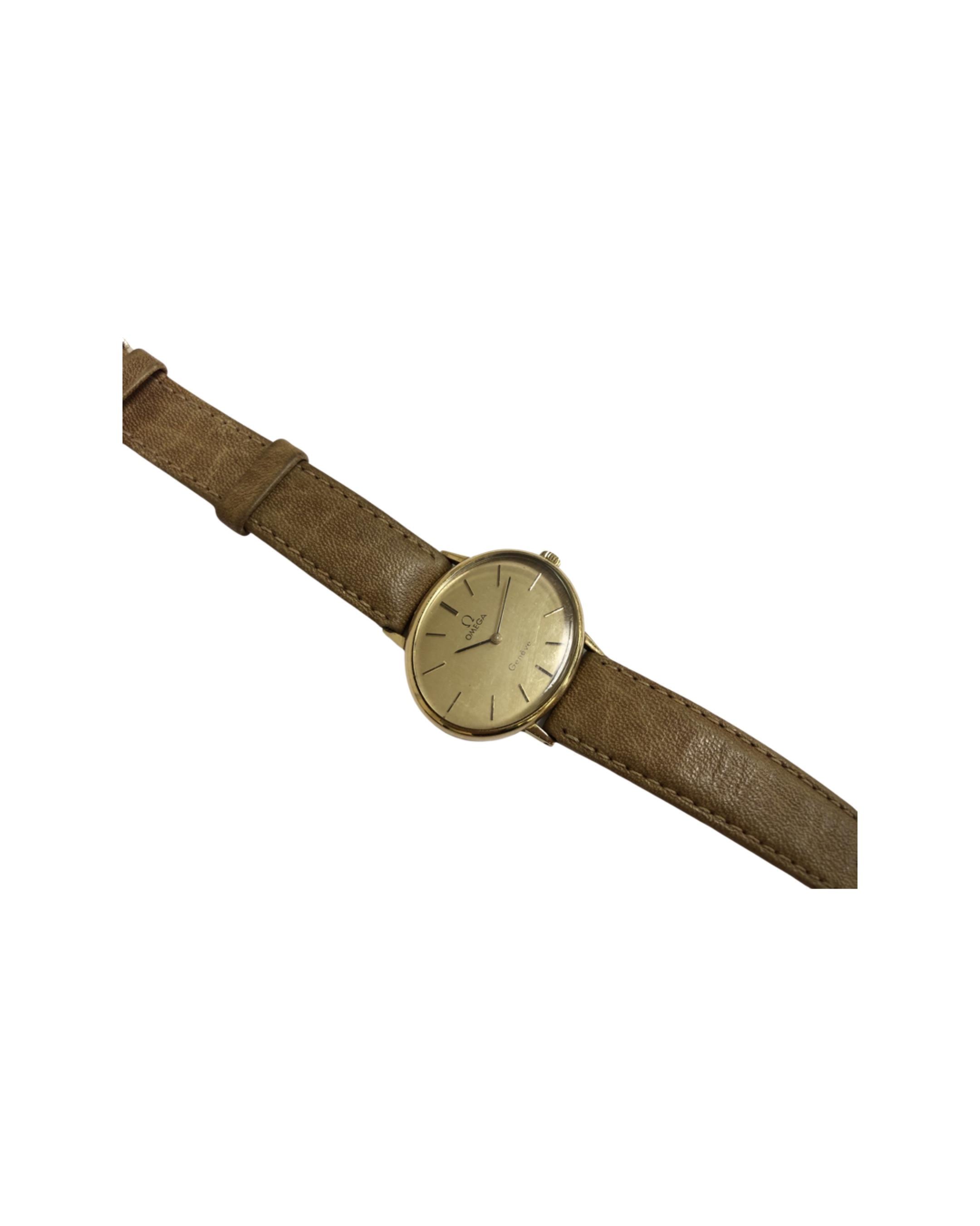 A Lady's gold plated Omega wristwatch, oval dial on tan leather strap, dial width 34.4 mm. - Image 2 of 2