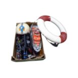 A box of Sky diving helmet, wooden life boat model, binoculars, camera tripod,