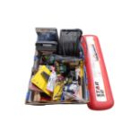 A box of extension lead, hydraulic bottle jack, Bosch electric drill, door numbers,