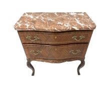 A Louis XV style French inlaid mahogany two drawer marble topped chest,