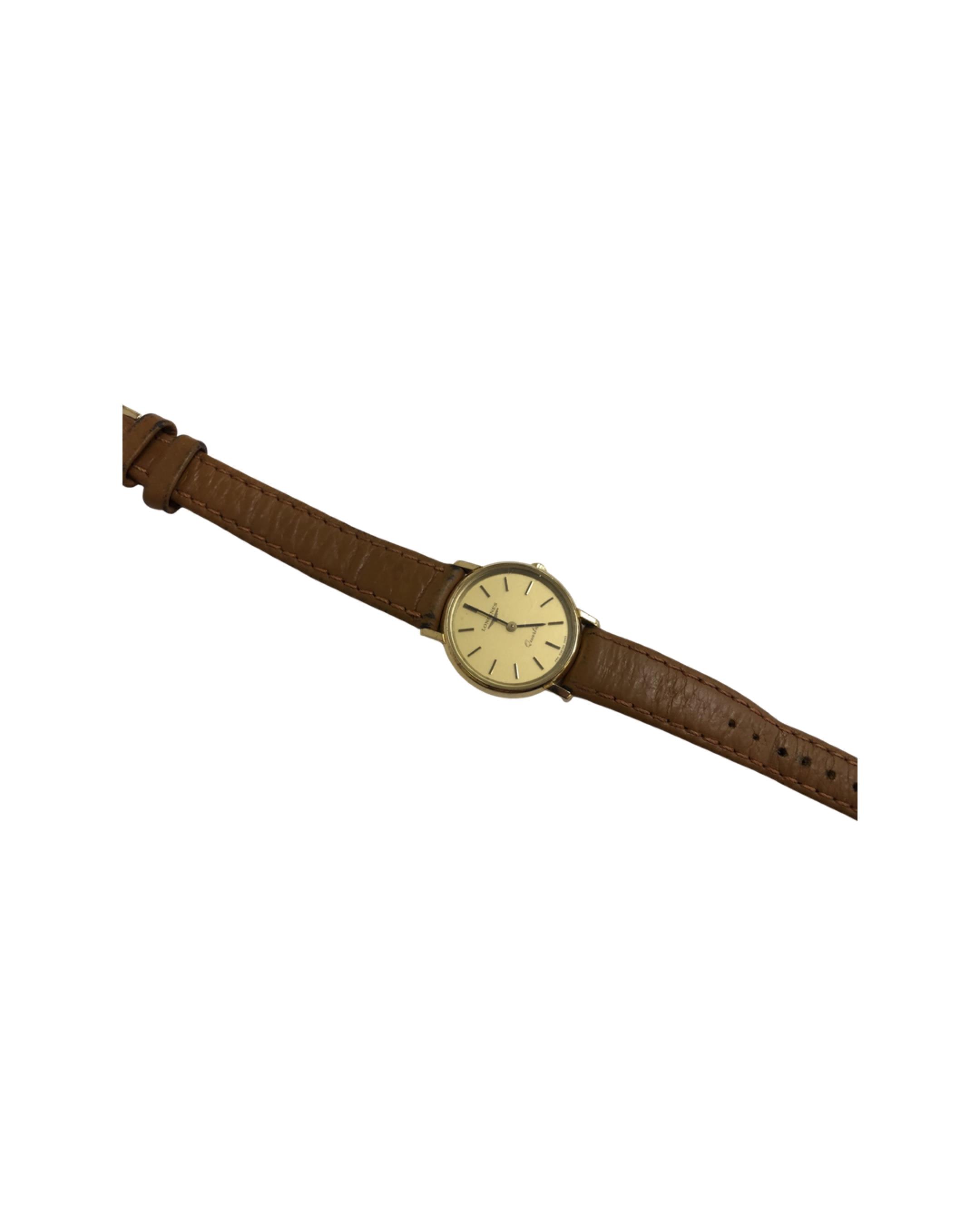 A Lady's 9ct gold Longines quartz wrist watch on tan leather strap, dial width 24. - Image 2 of 2