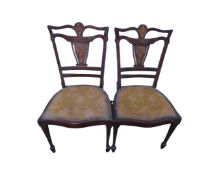 A pair of 19th century inlaid mahogany occasional chairs together with a further pedestal table