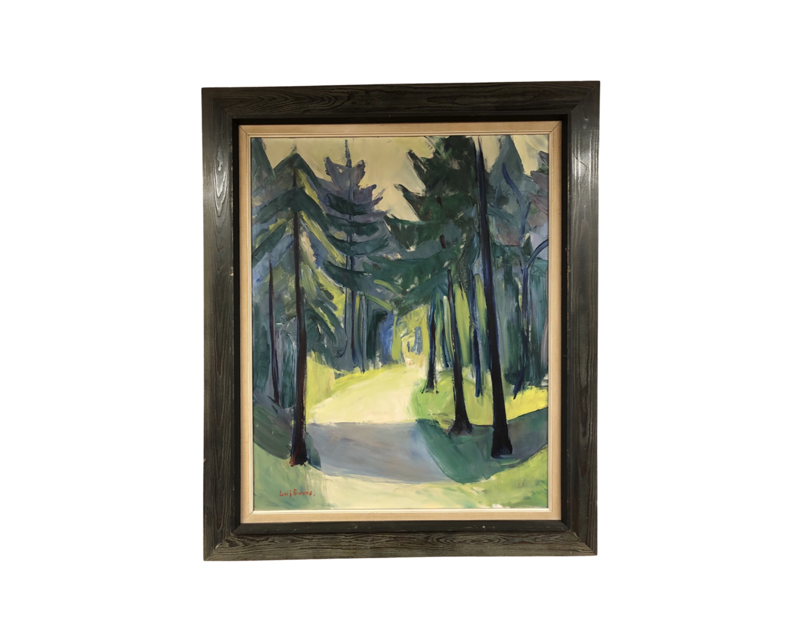 Leif Ewens : Abstract track through a forest, oil-on-canvas, in frame and mount, 74cm by 57cm.