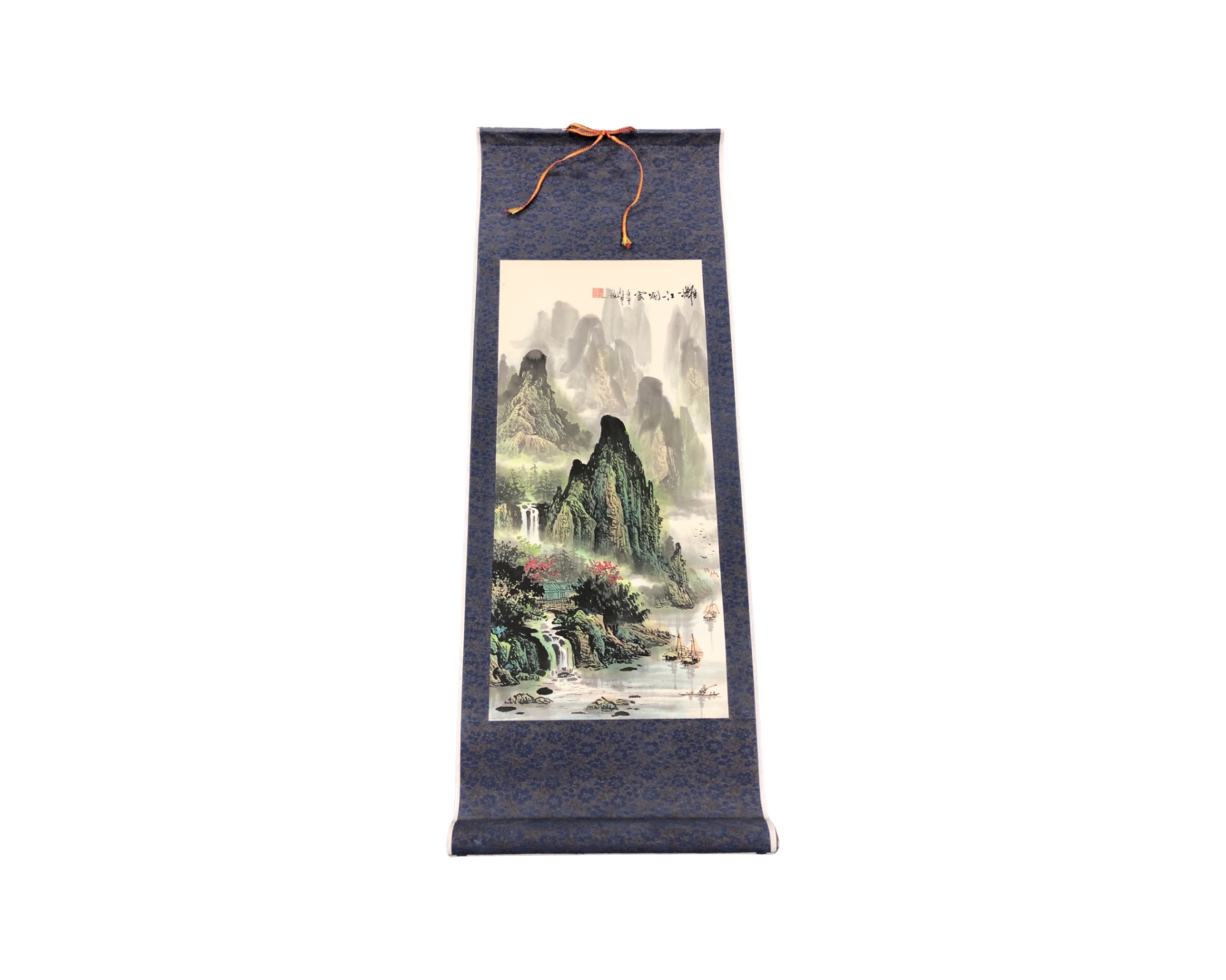 A set of five Chinese place mats in the form of table screens together with a scroll print. - Image 2 of 2