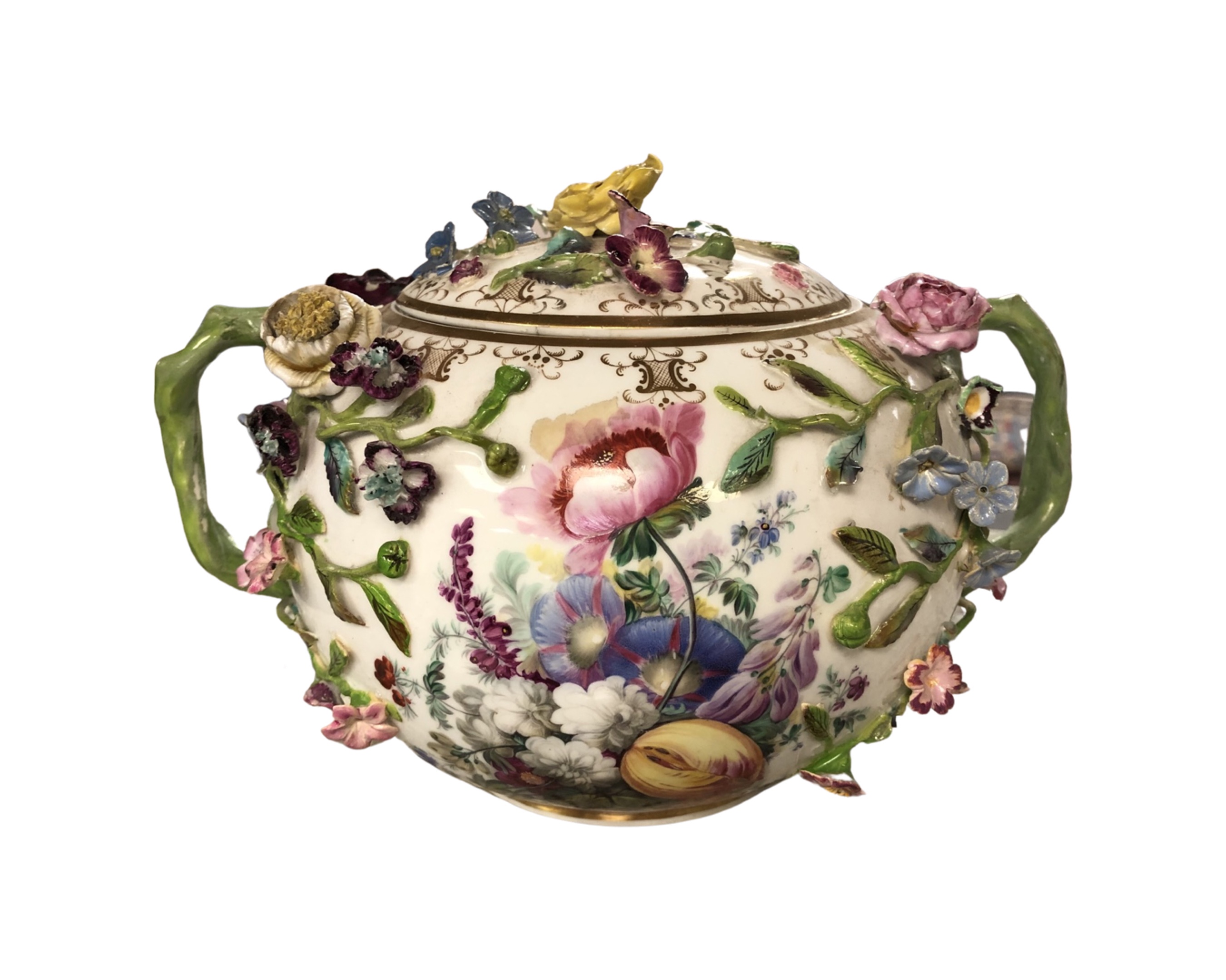 A Meissen style encrusted porcelain lidded twin-handled bowl,