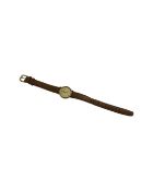 A Lady's 9ct gold Longines quartz wrist watch on tan leather strap, dial width 24.