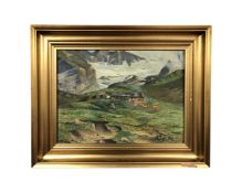 Continental school : Cattle farm in the mountains, oil-on-canvas, in gilt frame, initialed A. S. P.