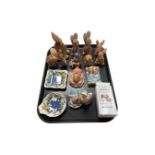 A tray containing two Maling dishes, a Royal Albert Beatrix Potter figure,