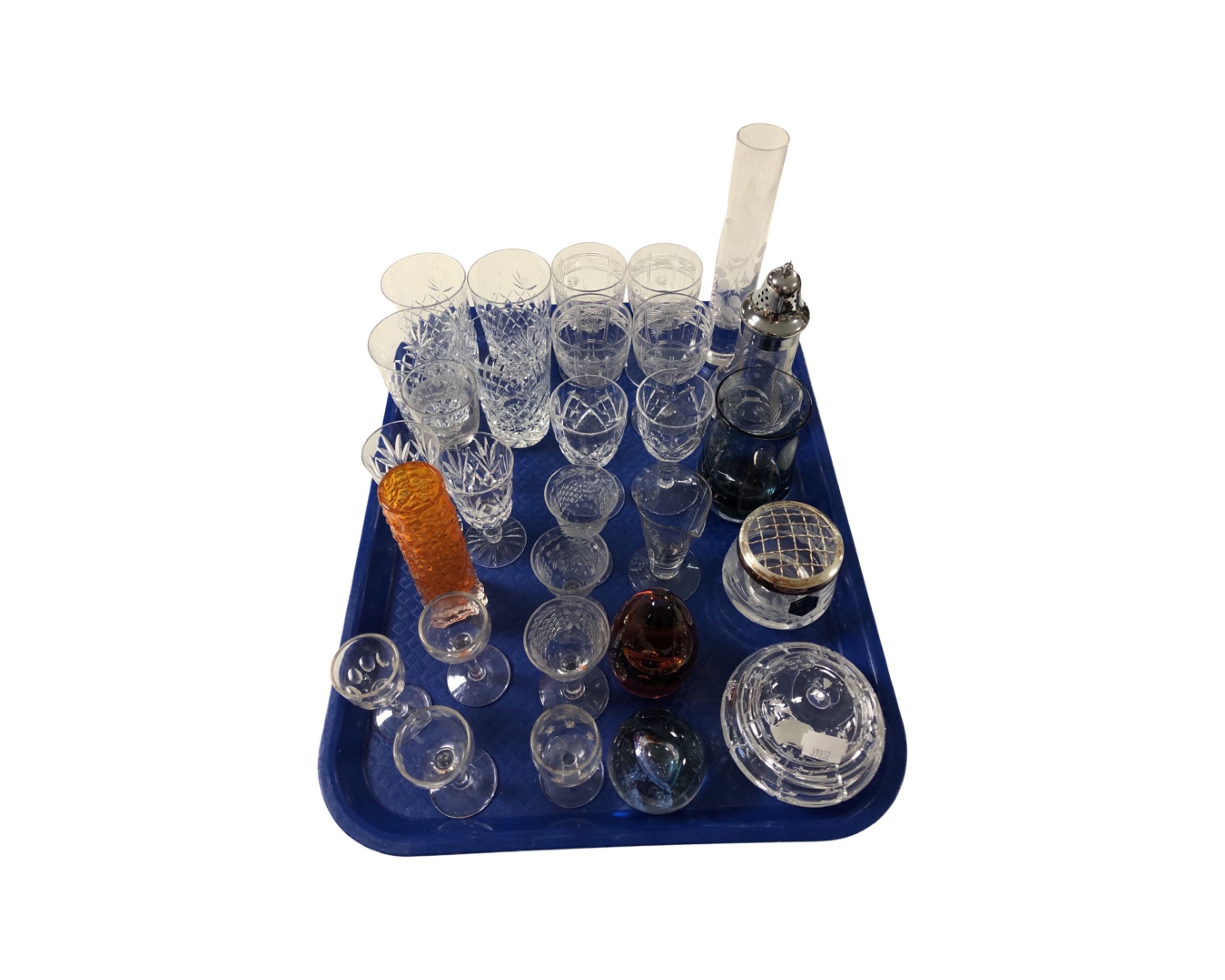 A tray containing assorted glassware including a sugar sifter, vases, Stuart Crystal rose bowl,