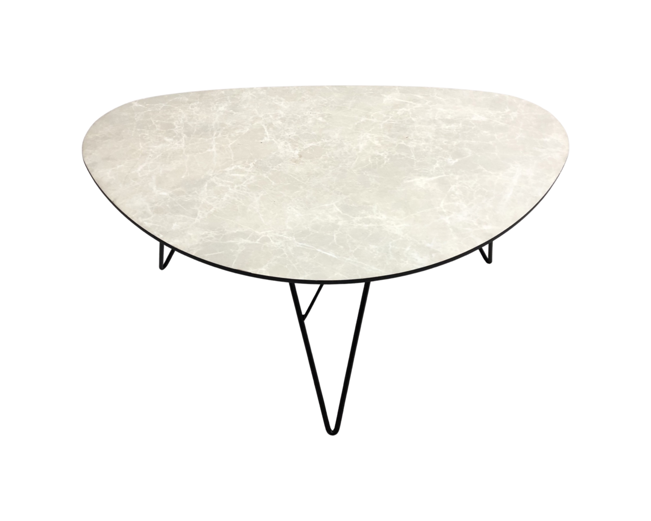 A mid century melamine topped coffee table on hair pin legs,