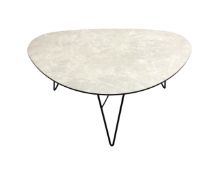 A mid century melamine topped coffee table on hair pin legs,