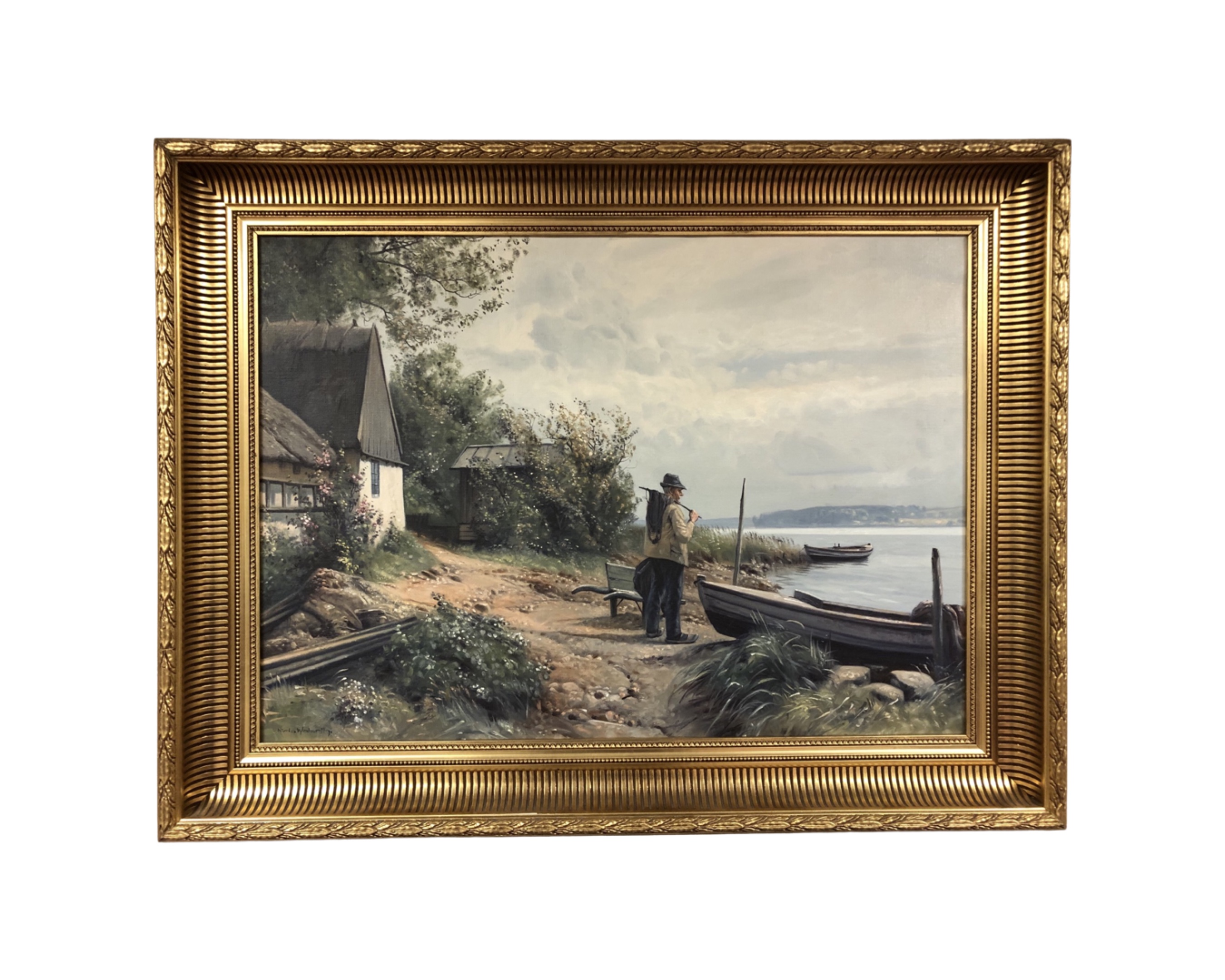 Niels Walseth (1914-2001): Fisherman by a lake, oil-on-canvas, in gilt frame, 47cm by 68cm.