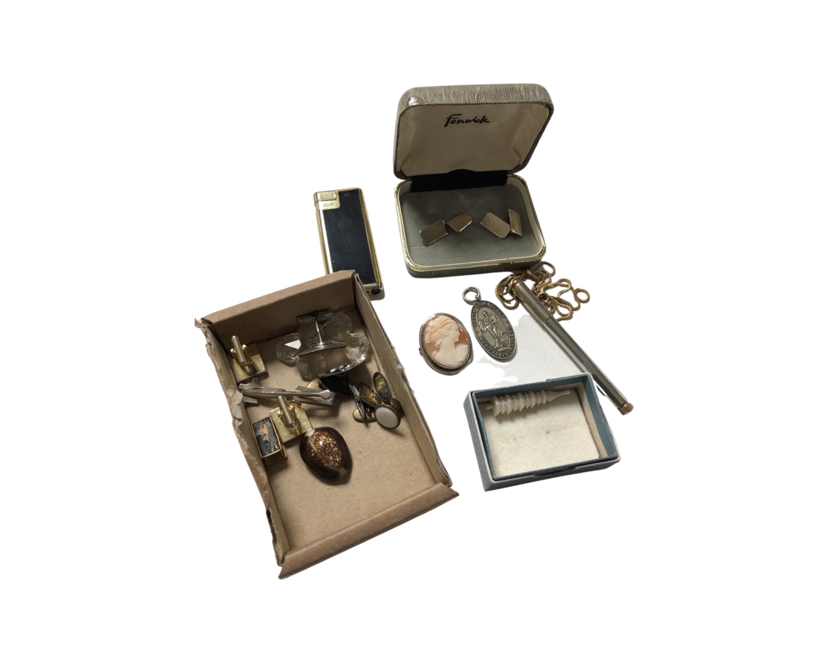 A collection of gent's cuff links, cameo brooch, flick lighter, pen on chain etc.