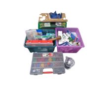 Two crates of multi compartment crates containing screws, nails, lion head door knocker,