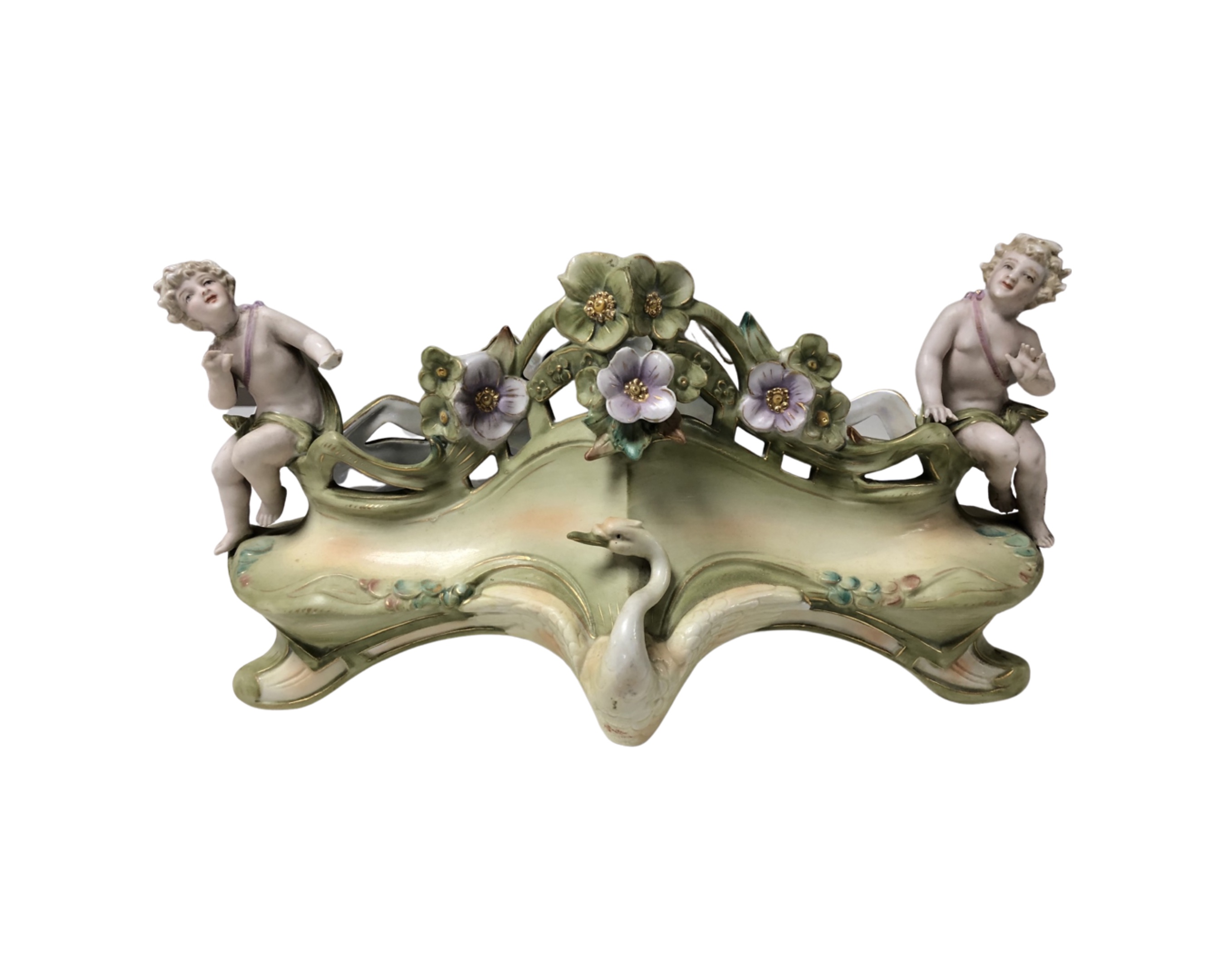 A continental porcelain cherub bowl encrusted with flowers