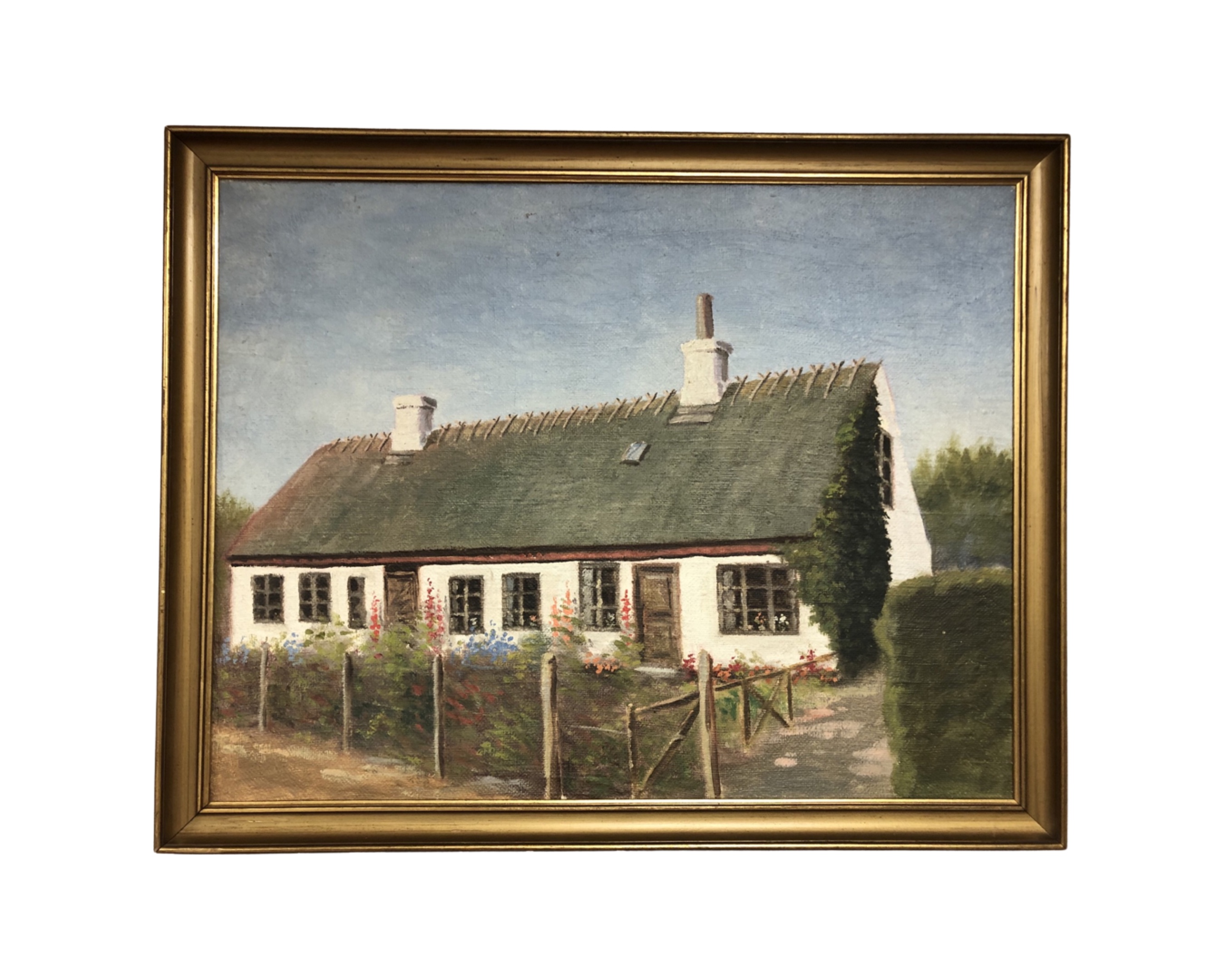 Continental school : Cottage with flowers, oil-on-canvas, in gilt frame, unsigned 54cm by 68cm.