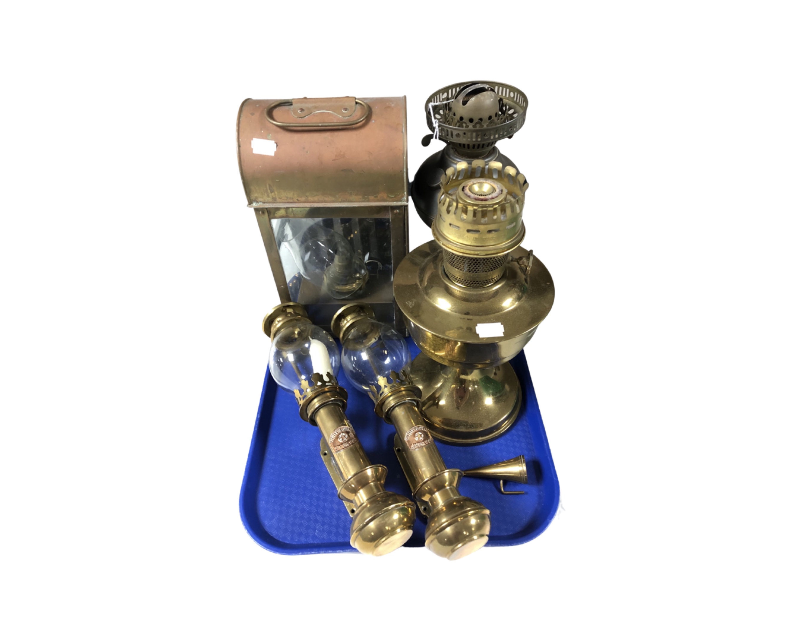 A tray containing two brass ship's wall lights together with two oil lamp bases and an antique