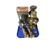 A tray containing two brass ship's wall lights together with two oil lamp bases and an antique