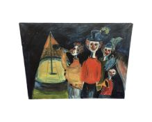 John Petersen : Four clowns at a circus, oil-on-canvas, no frame, 96cm by 125cm.