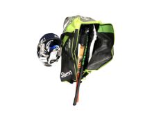 A Kukaburra cricket bag containing helmet, pads, bat, gloves, hockey stick, Adidas boots size 10.