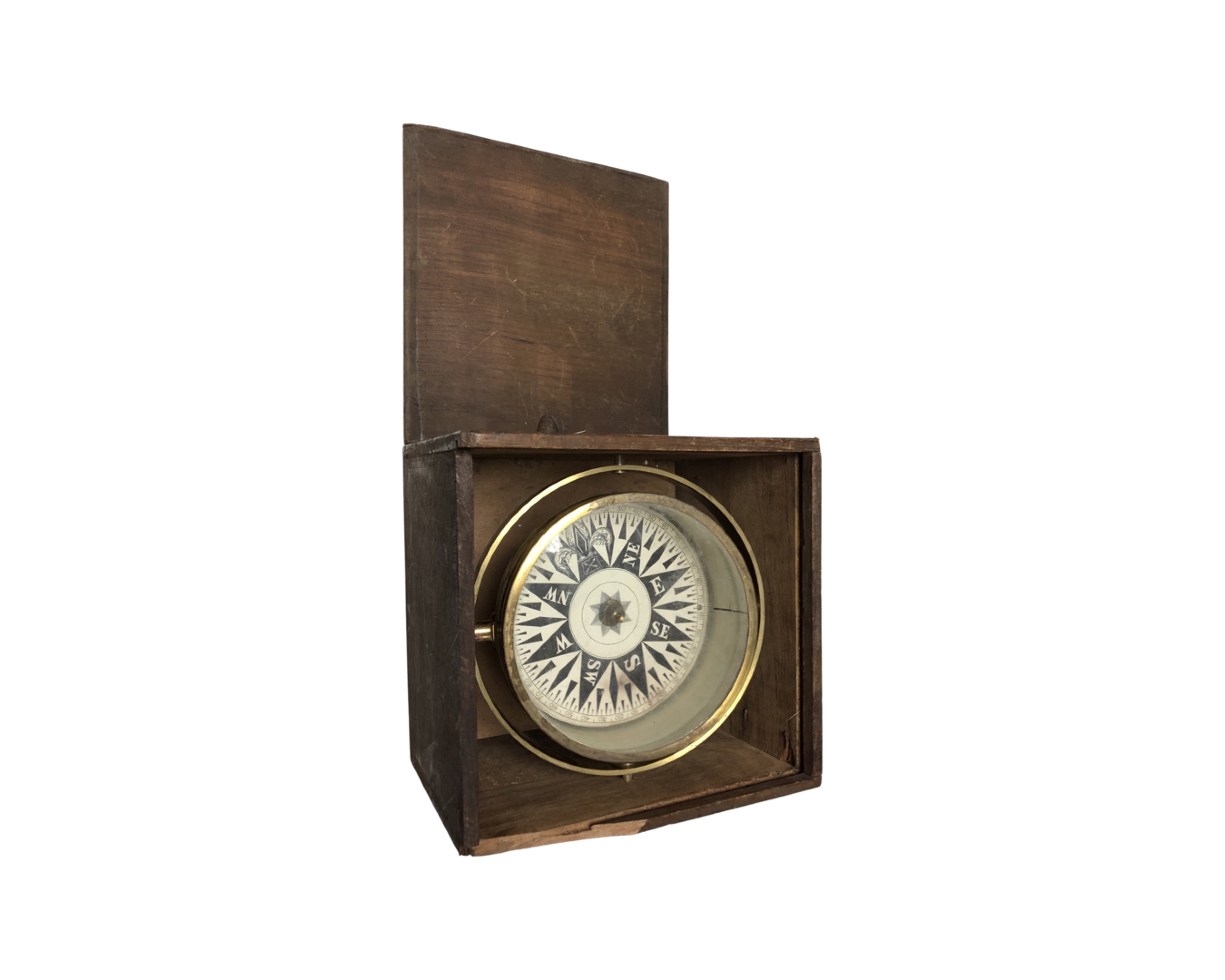 A brass cased ship's compass in box.