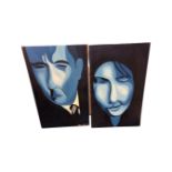 Continental school : Two abstract portraits of a man and a woman, oil-on-canvas, no frame, unsigned,