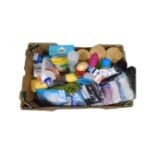 A box of cleaning products, bin bags, face masks, tissues,