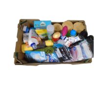 A box of cleaning products, bin bags, face masks, tissues,