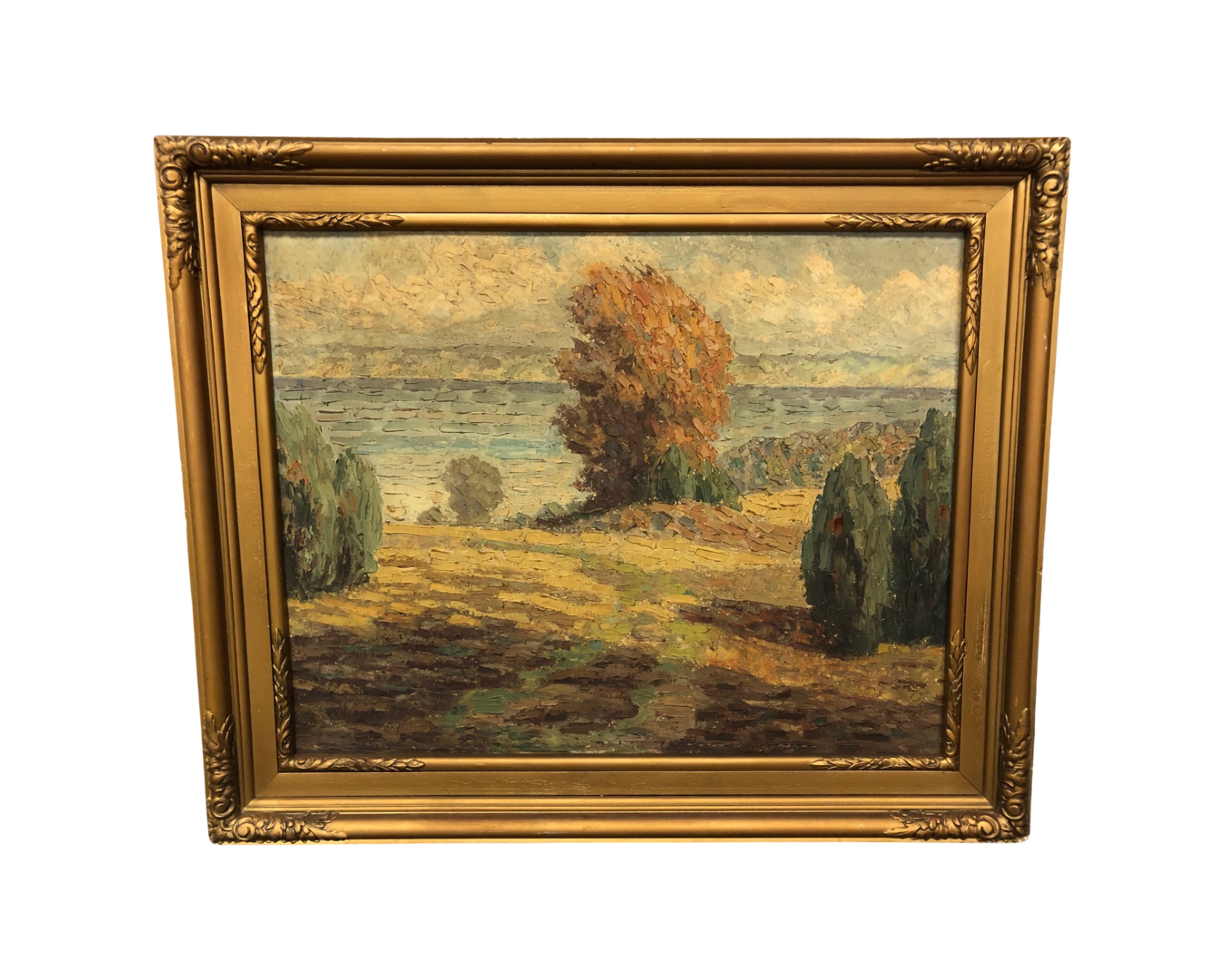 Continental school : Trees by a lake, oil-on-canvas, in gilt frame, unsigned, 65cm by 83cm.