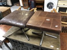 Two 1970's brown leather footstools on chrome legs